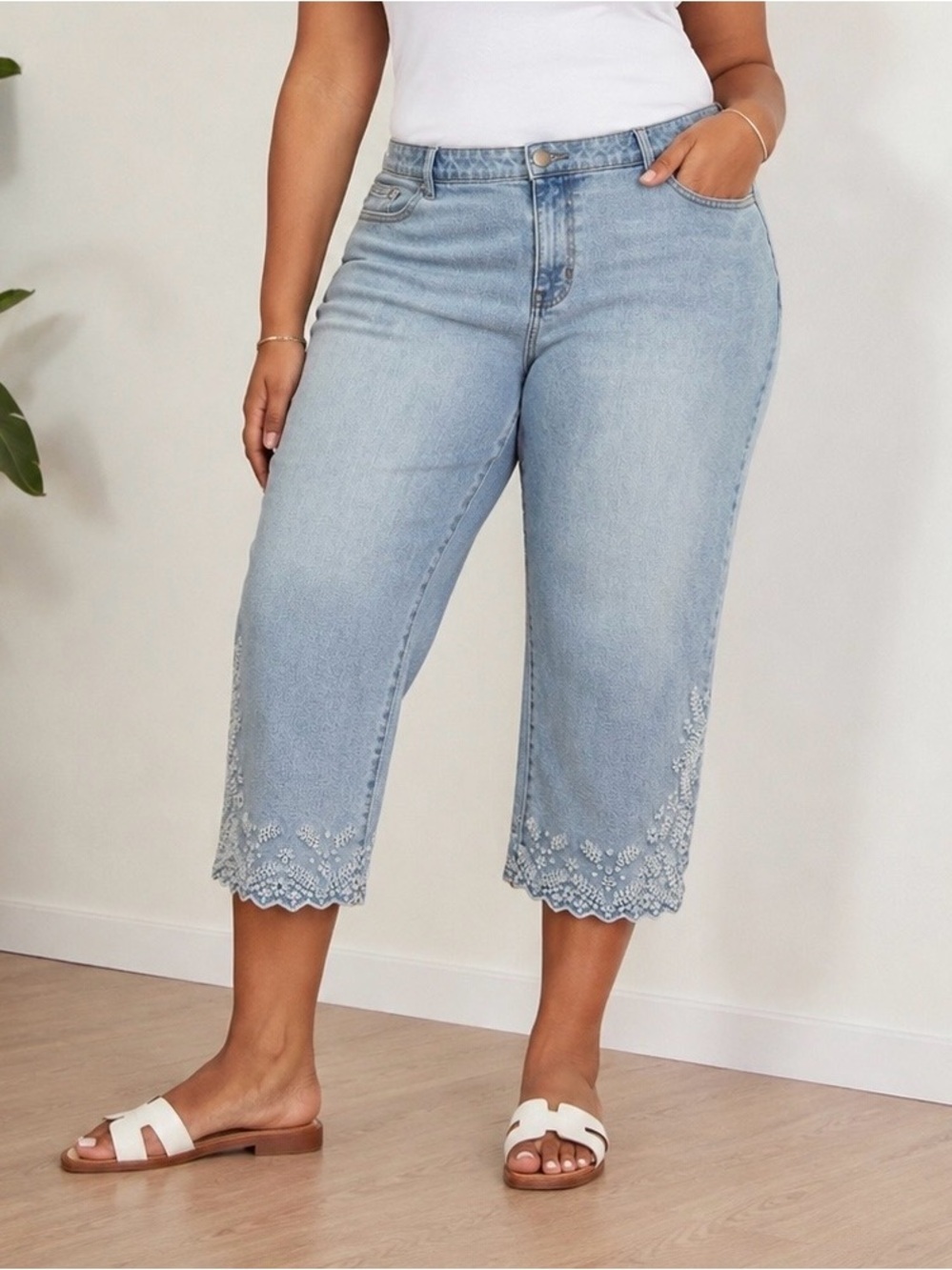 Lane Bryant Light Blue Embroidered Cropped Jeans